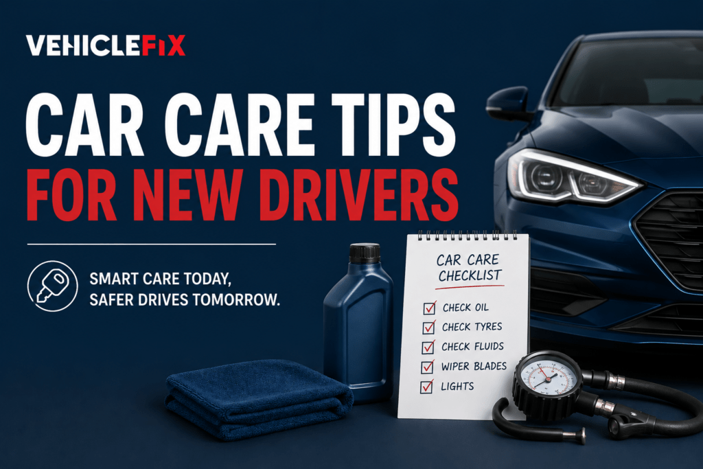 Car care tips for new drivers by VehicleFix with essential maintenance checklist