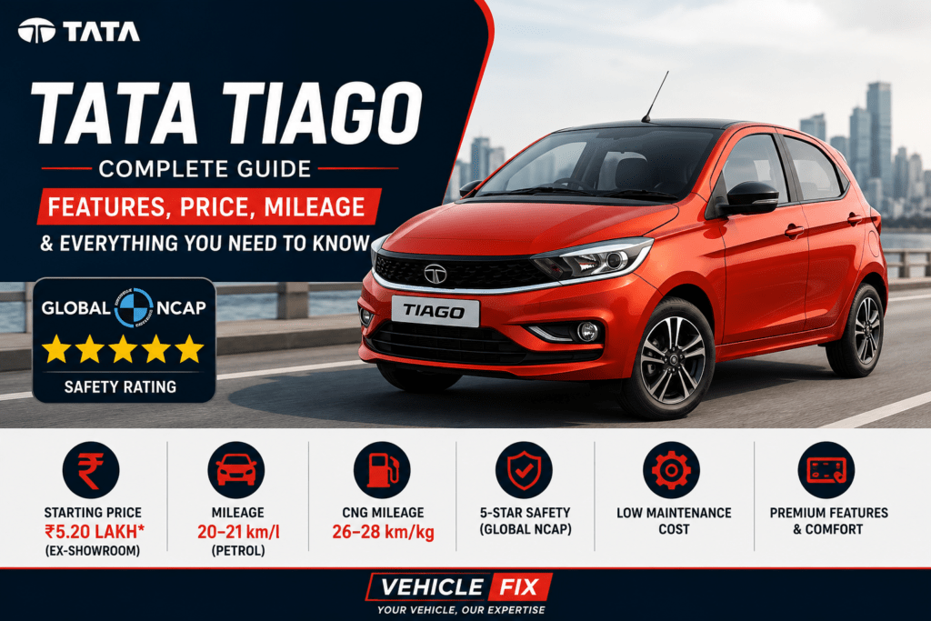 Tata Tiago 2026 complete guide featuring price, on-road price, mileage, specifications, features, and safety by VehicleFix