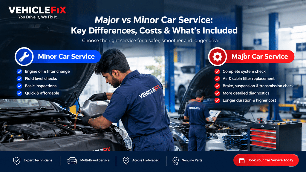 Major vs minor car service at VehicleFix in Hyderabad